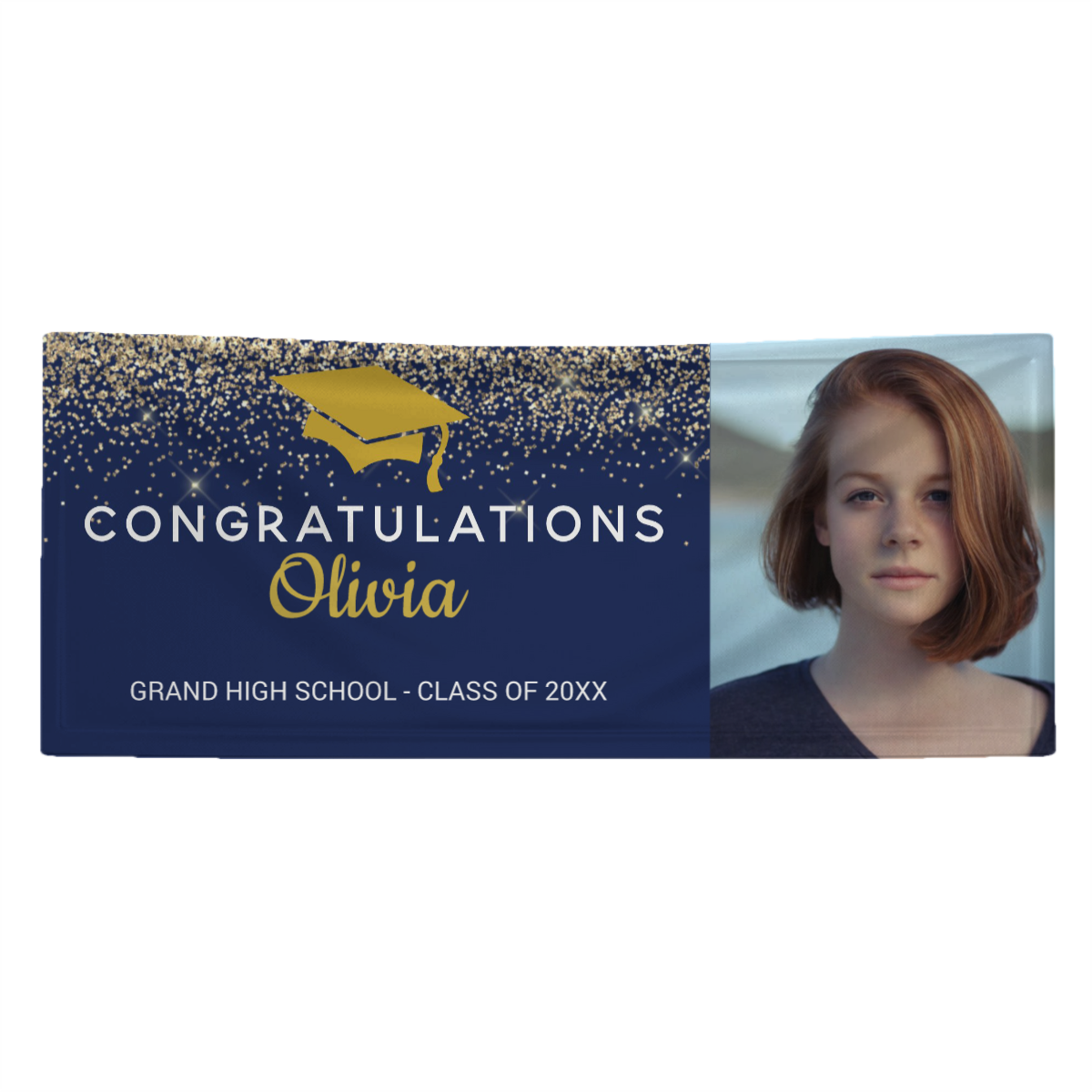 Personalized Name/Photo, 2022 Graduation Glitter Navy Blue Gold Banner
