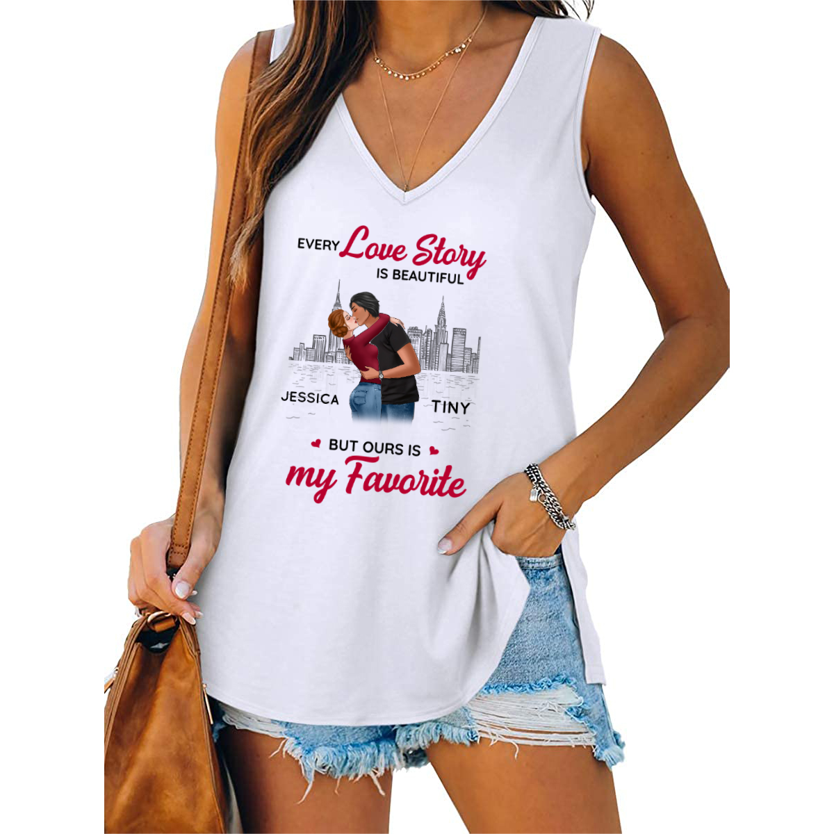 Kissing Couple Skyline Personalized Women Tank Top V Neck Casual Flowy Sleeveless