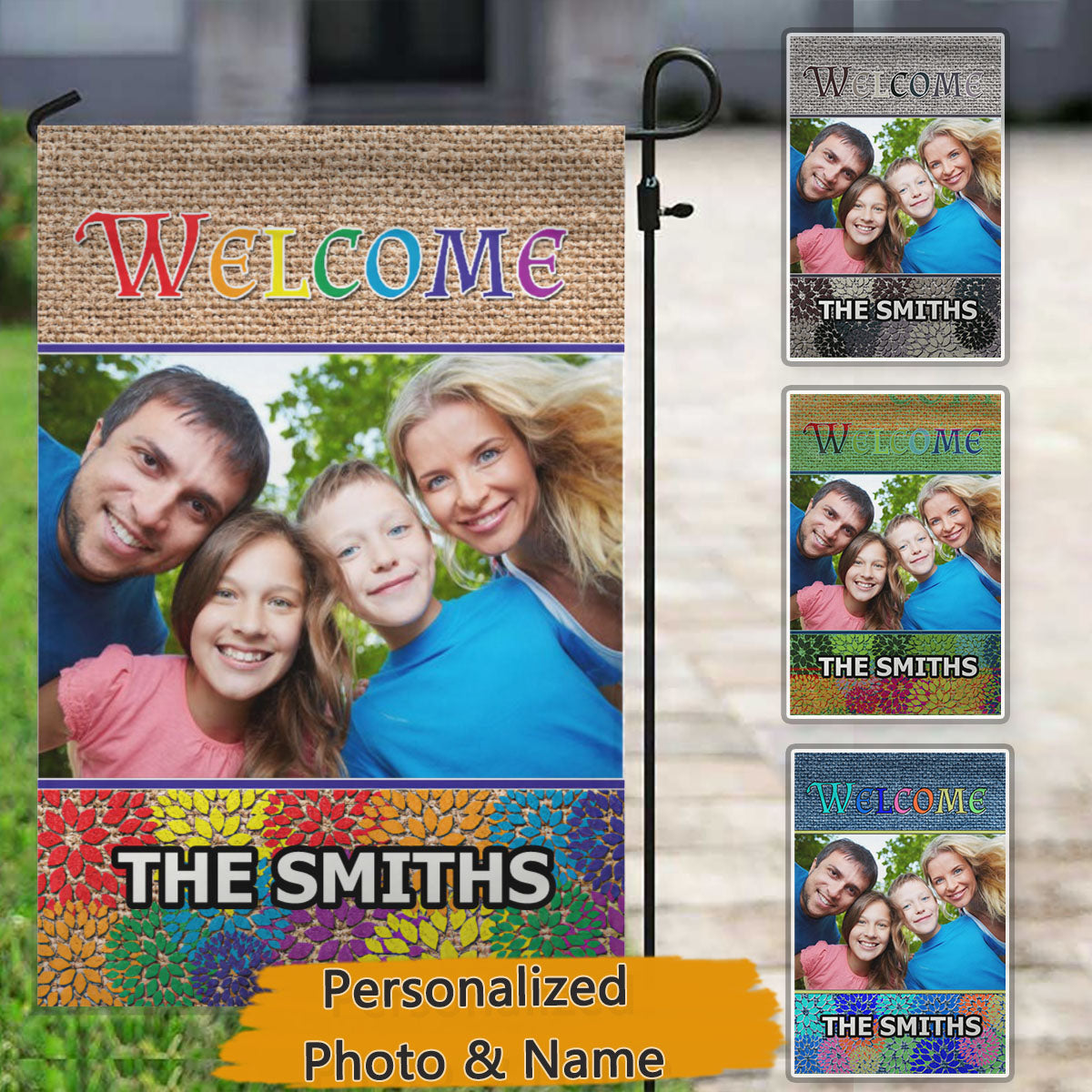 Welcome Rainbow – Personalized Photo & Family Name Garden & House Flag
