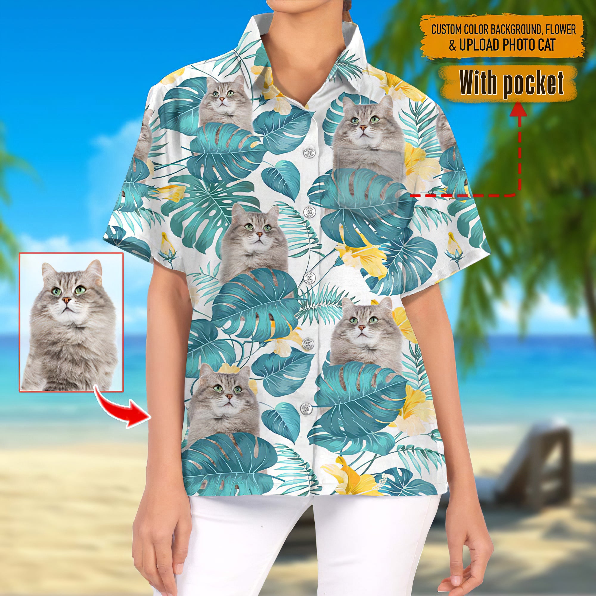 写真をアップロード 猫の女性のハワイアンシャツ