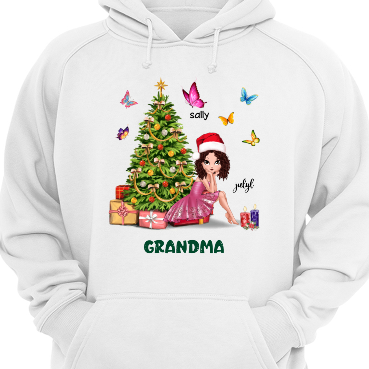 おばあちゃん座っている蝶クリスマス パーソナライズされたパーカー スウェットシャツ