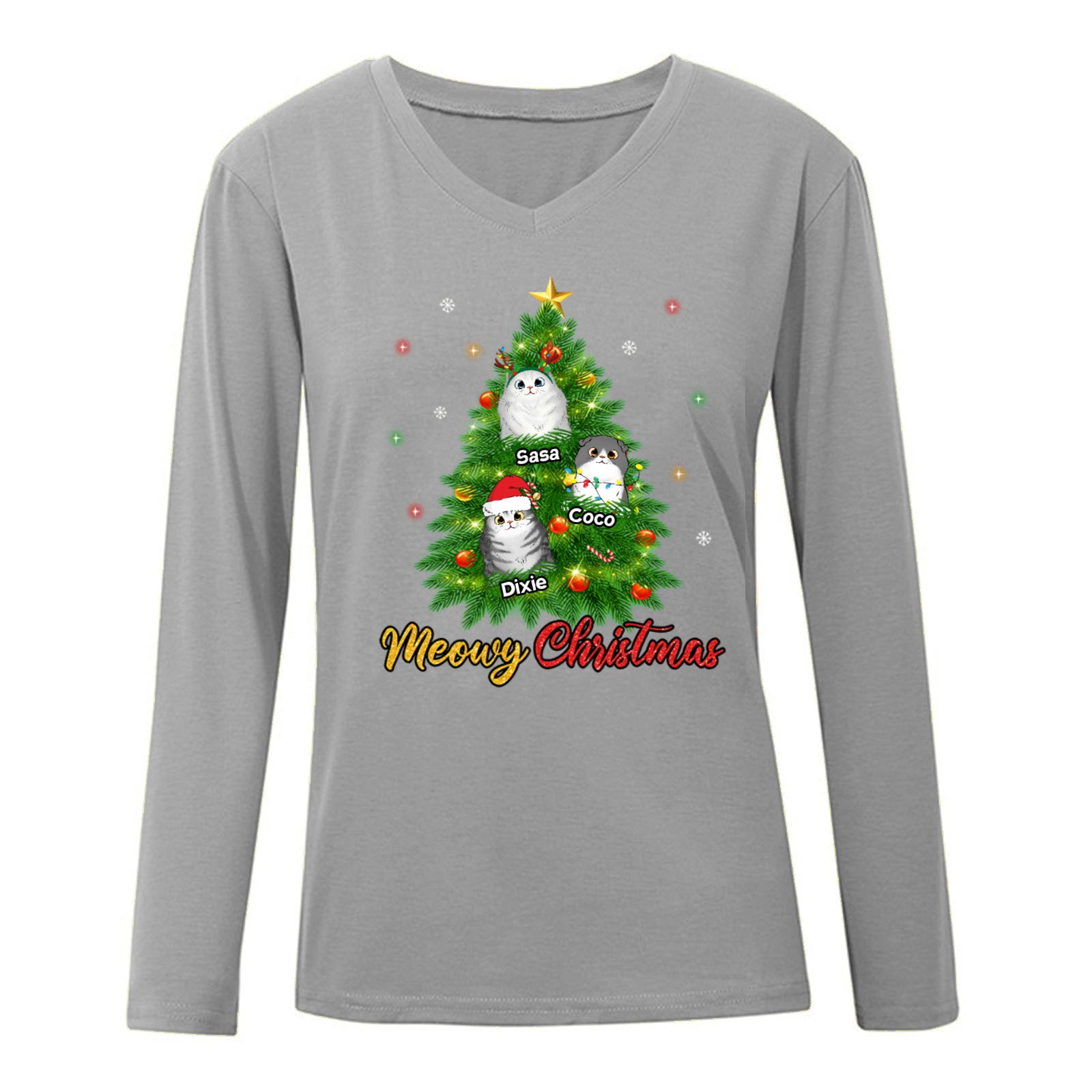 クリスマスツリーの中のふわふわ猫 パーソナライズされた長袖シャツ