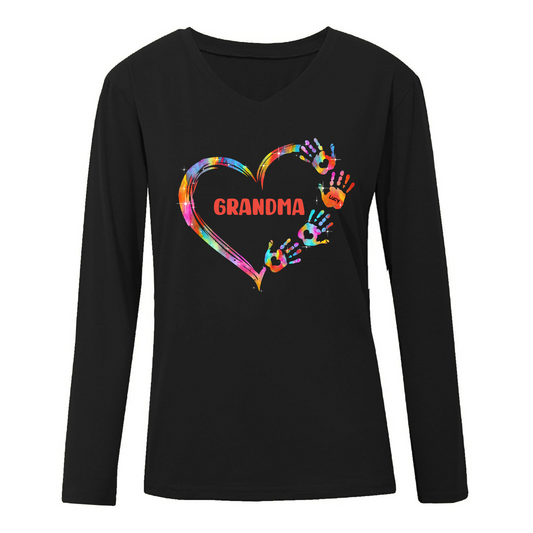 Mom Grandma Colorful Heart Hand Print Personalized Long Sleeve Shirt