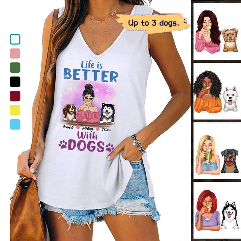 Beautiful Pattern Life Is Better With Dogs Personalized Women Tank Top V Neck Casual Flowy Sleeveless