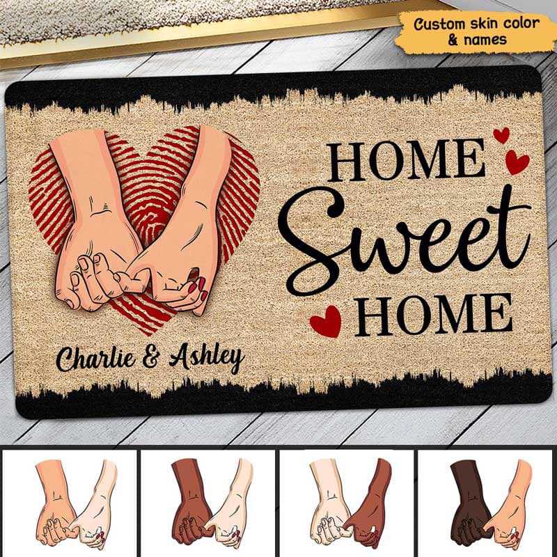 Heart Finger Print Couple Holding Hands Home Sweet Home Personalized Doormat