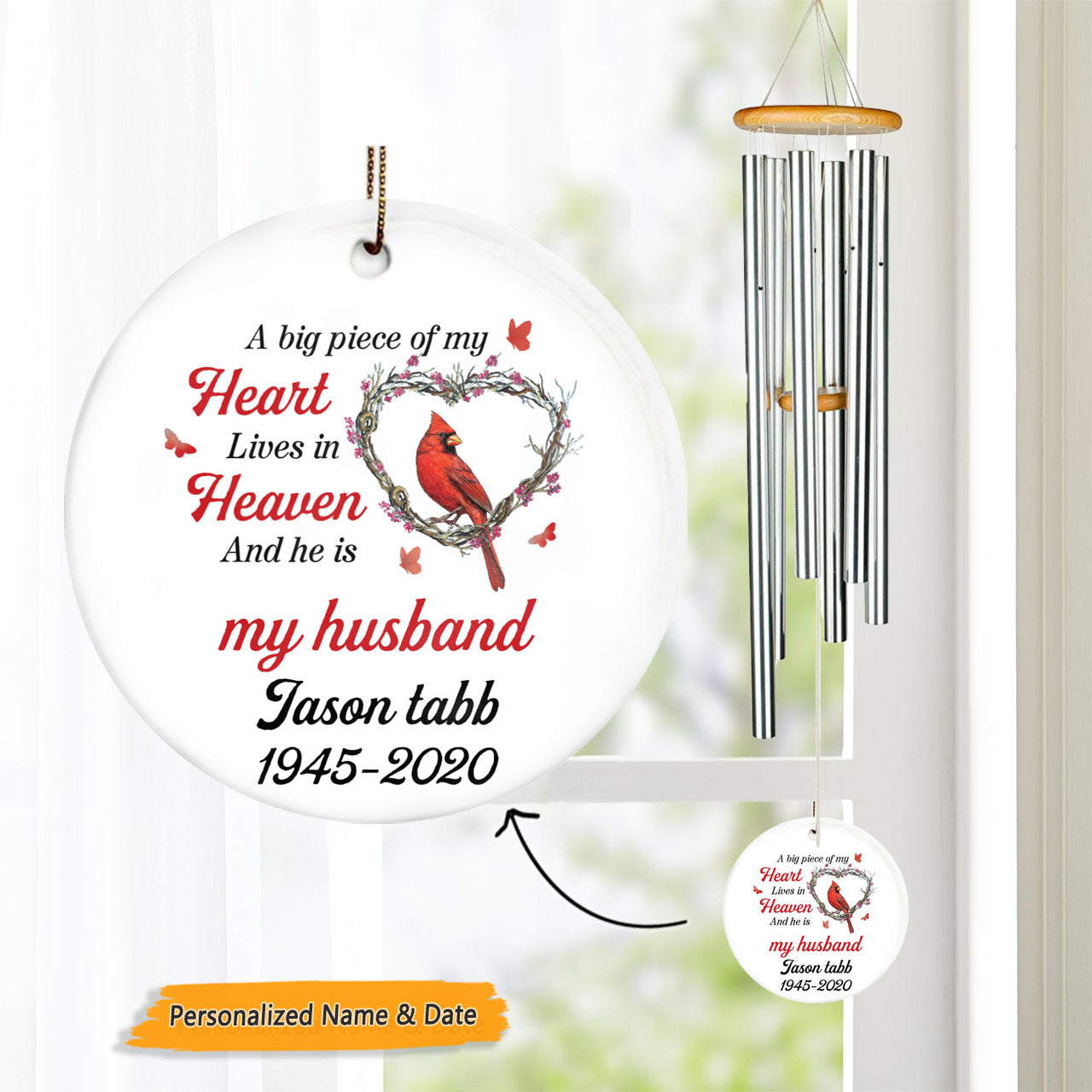 A Big Piece Of My Heart Lives In Heaven Cardinal Personalized Memorial Circle Ornament Wind Chime