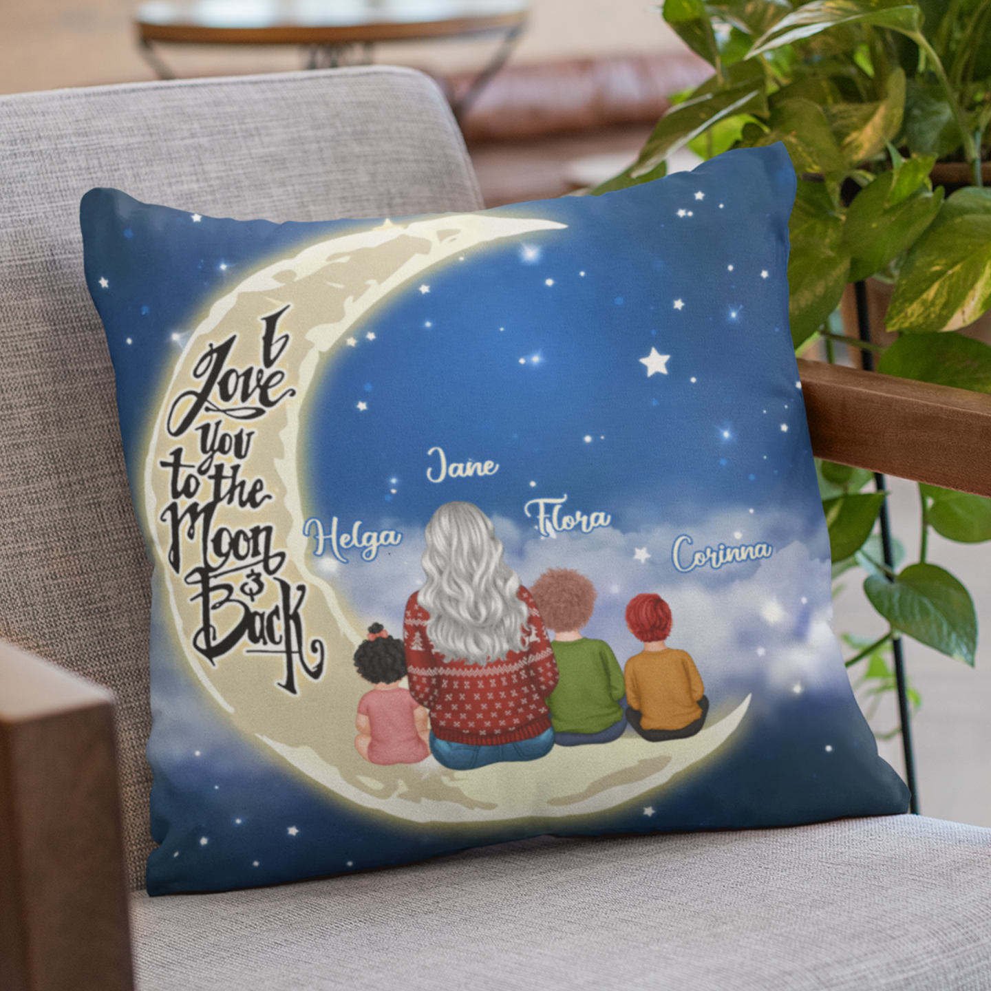 Parents Grandparents and Kids On Moon Personalized Polyester Linen Pillow