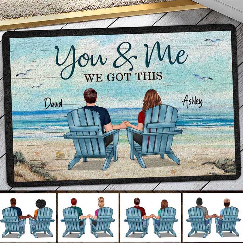 Back View Couple Sitting Beach Landscape Personalized Doormat