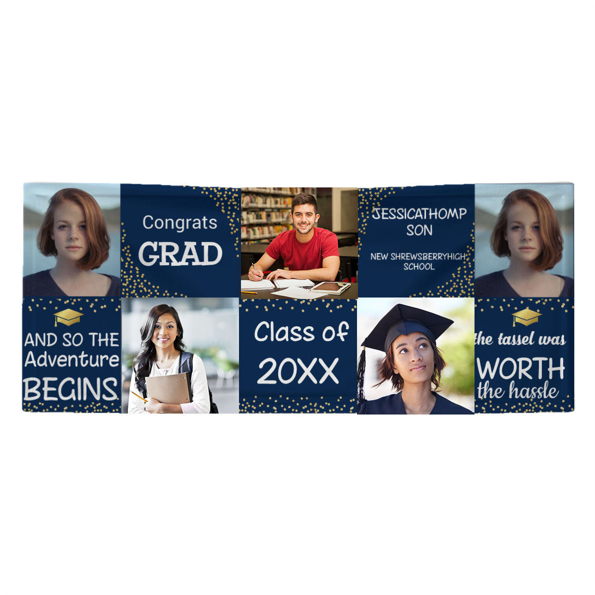 Personalized Name/Photo, Modern 2022 Graduate Navy & Gold Photo Banner