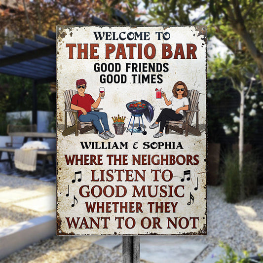 Patio Grilling Listen To The Good Music Couple Husband Wife Vertical - Backyard Sign - Personalized Custom Classic Metal Signs