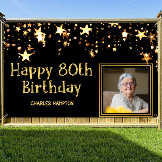 Custom Photo Brithday Banner Black Gold Stars Personalized Banner