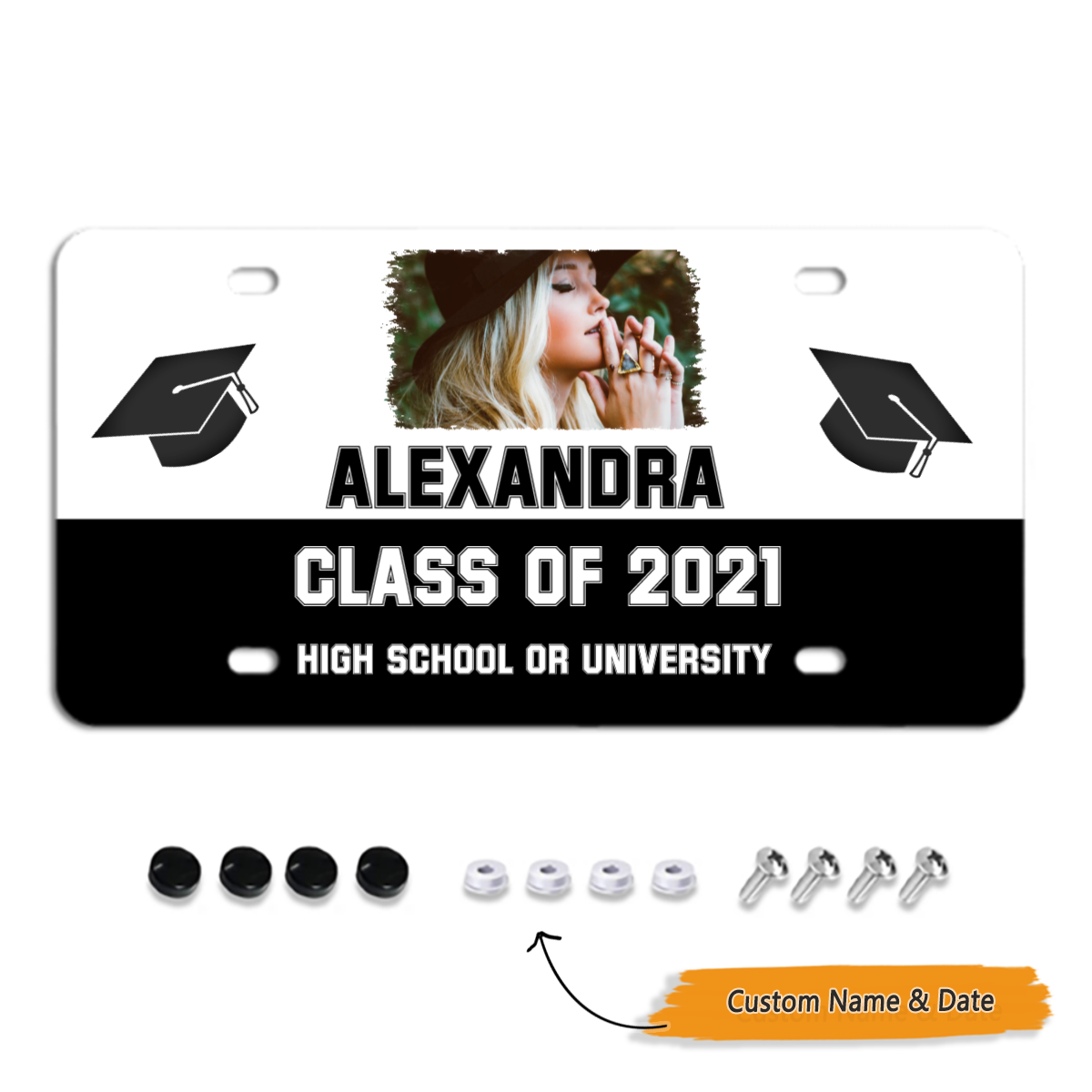 Personalized Graduation Class of  Black White License Plate