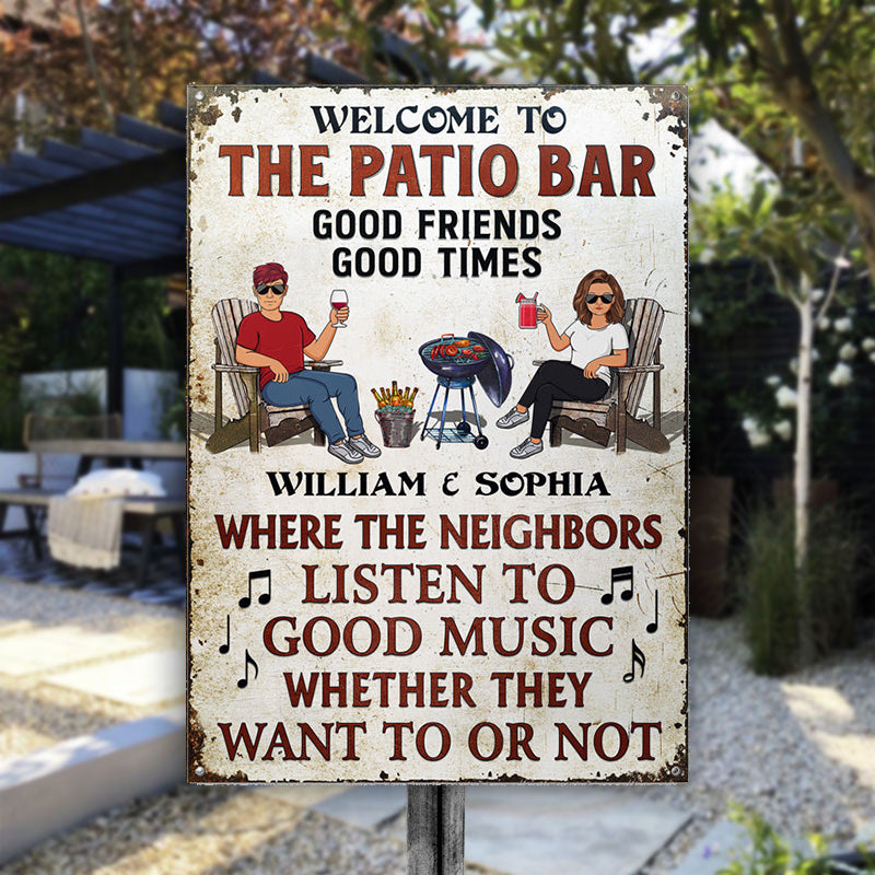Patio Grilling Listen To The Good Music Couple Husband Wife Vertical - Backyard Sign - Personalized Custom Classic Metal Signs