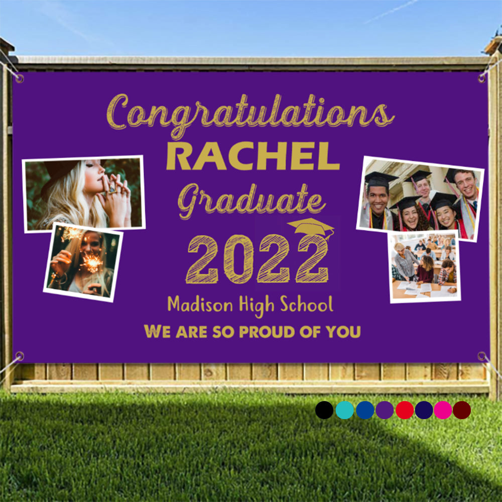8 Colors & Personalized Text & 4 Photo Collage Graduate Party Banner 2022