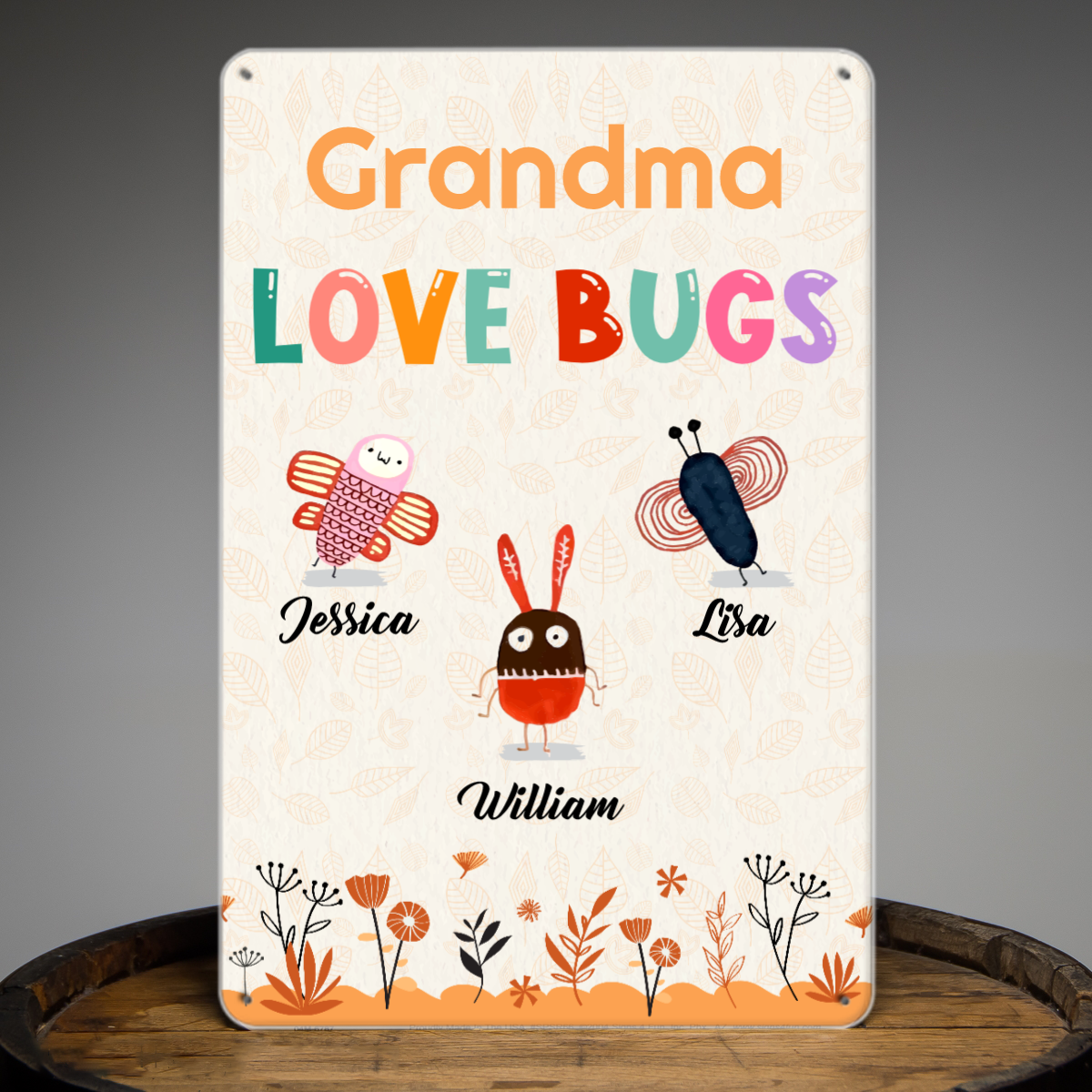 Grandmas Love Bug Personalized Kid's Names Metal Sign