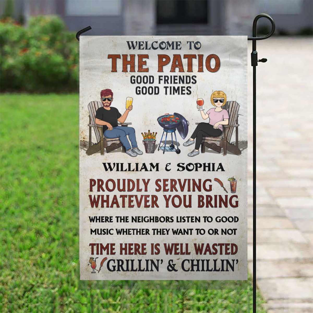 Welcome To Our Patio Good Friends Good Times - Personalized Graden & House Flag