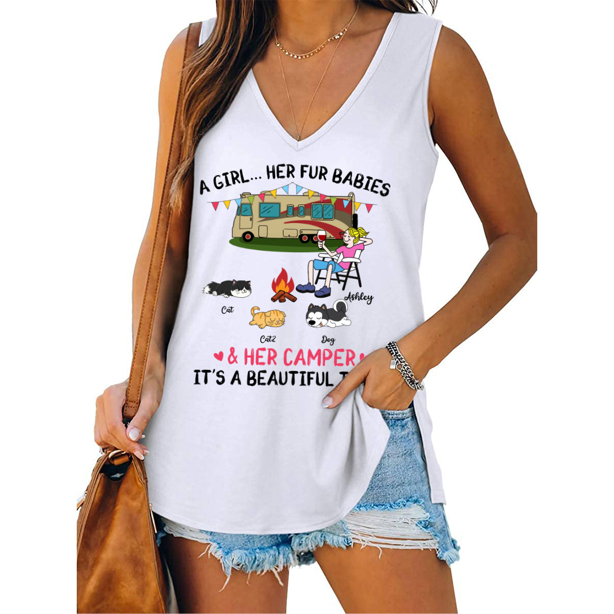 A Camping Girl And Her Fur Babies Personalized Tank Tops V Neck Casual Flowy Sleeveless