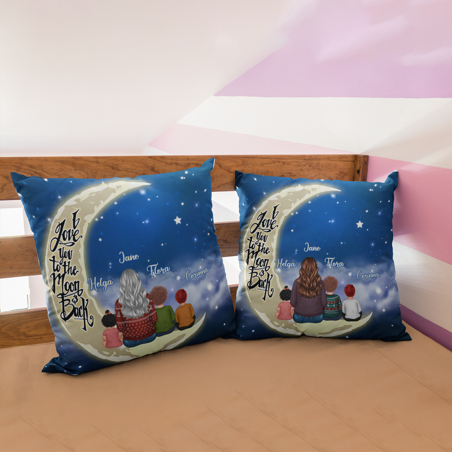 Parents Grandparents and Kids On Moon Personalized Polyester Linen Pillow