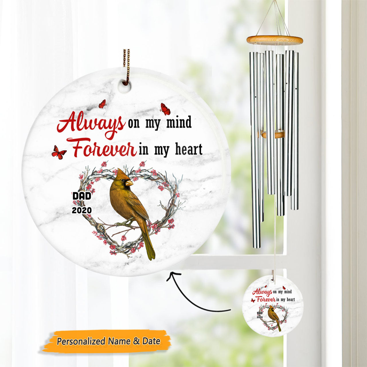Always On My Mind Forever In My Heart Photo Personalized Memorial Circle Wind Chime