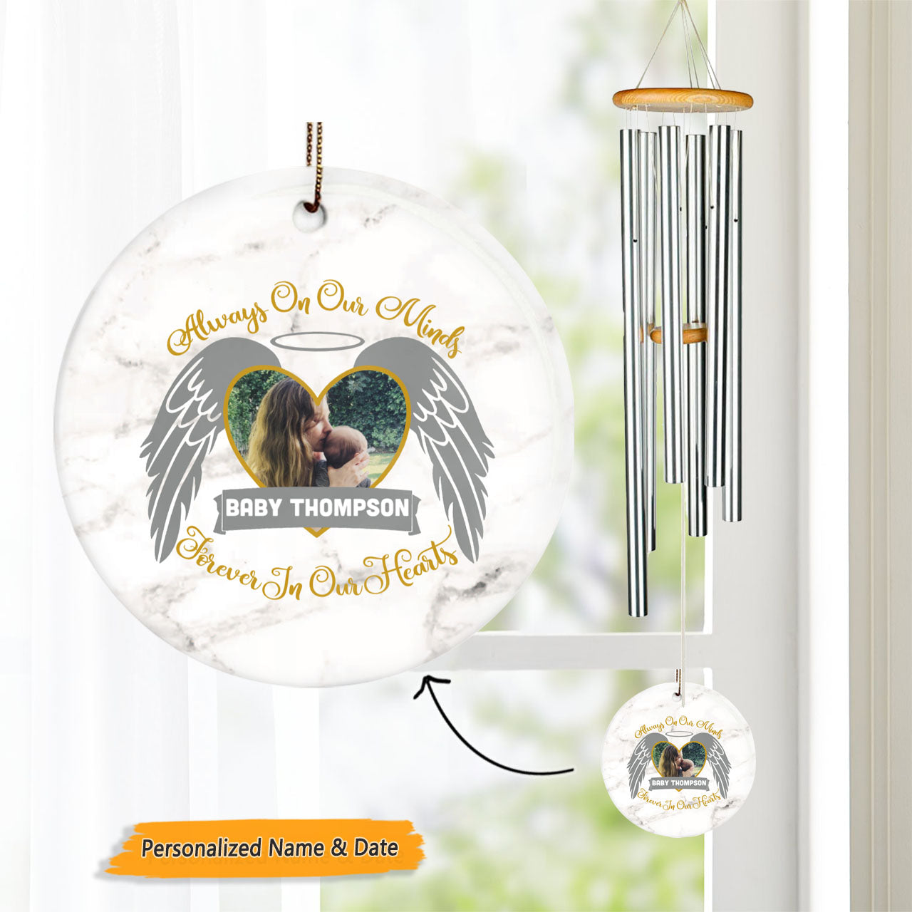 Always On Our Minds Angel Wings Memorial Photo Circle Wind Chime