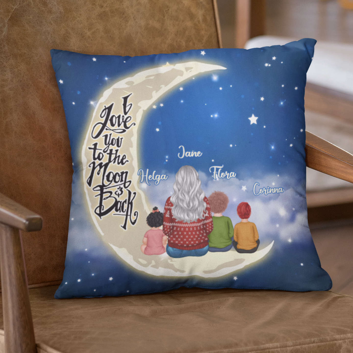 Parents Grandparents and Kids On Moon Personalized Polyester Linen Pillow