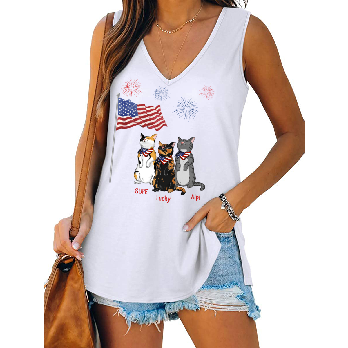 4th Of July American Flag Standing Cat Personalized Women Tank Top V Neck Casual Flowy Sleeveless