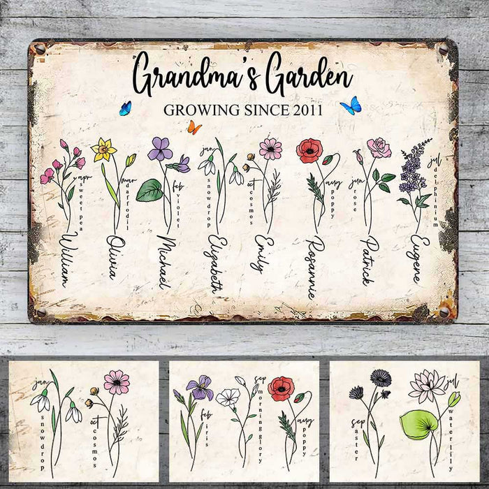 Personalized Mom Grandma Grandkids Garden Metal Sign