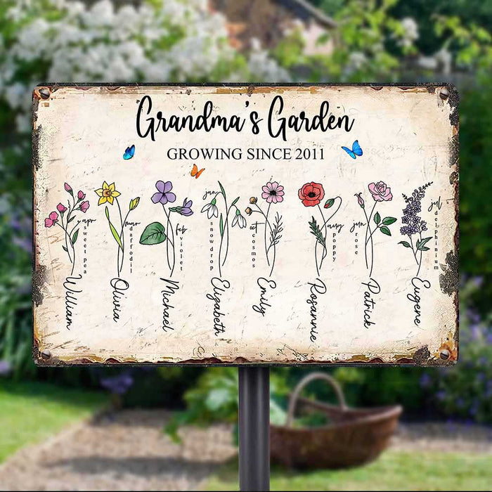 Personalized Mom Grandma Grandkids Garden Metal Sign