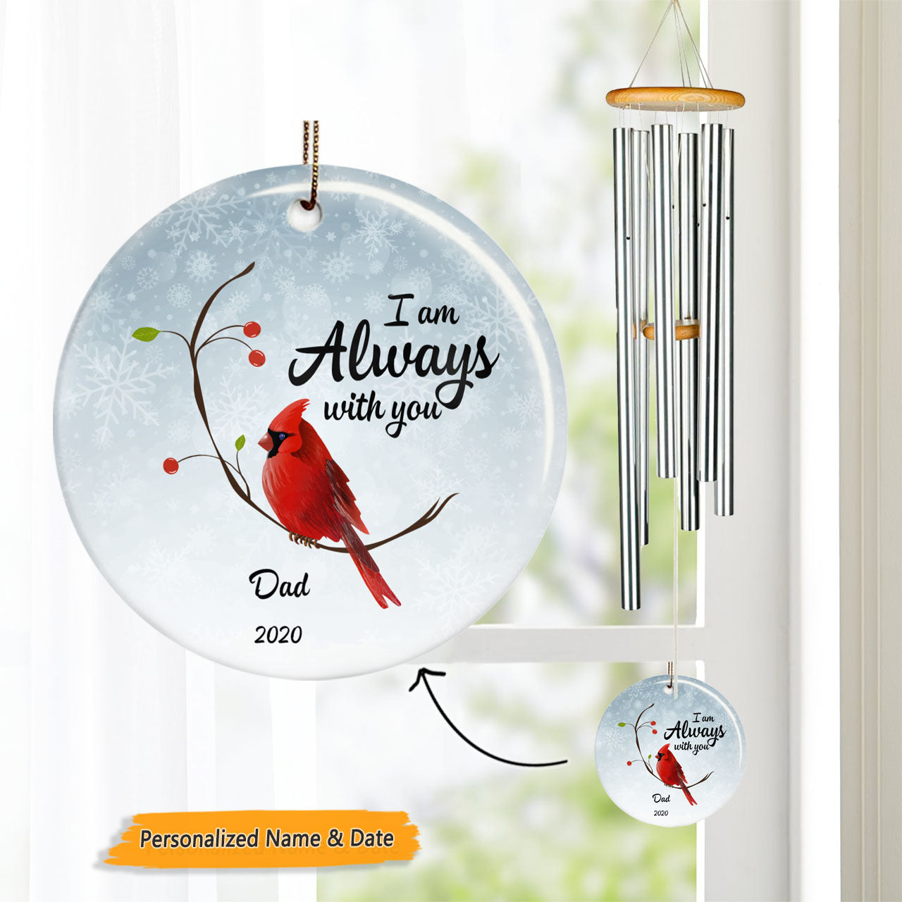 Cardinal Always With You Personalized Memorial Circle Wind Chime
