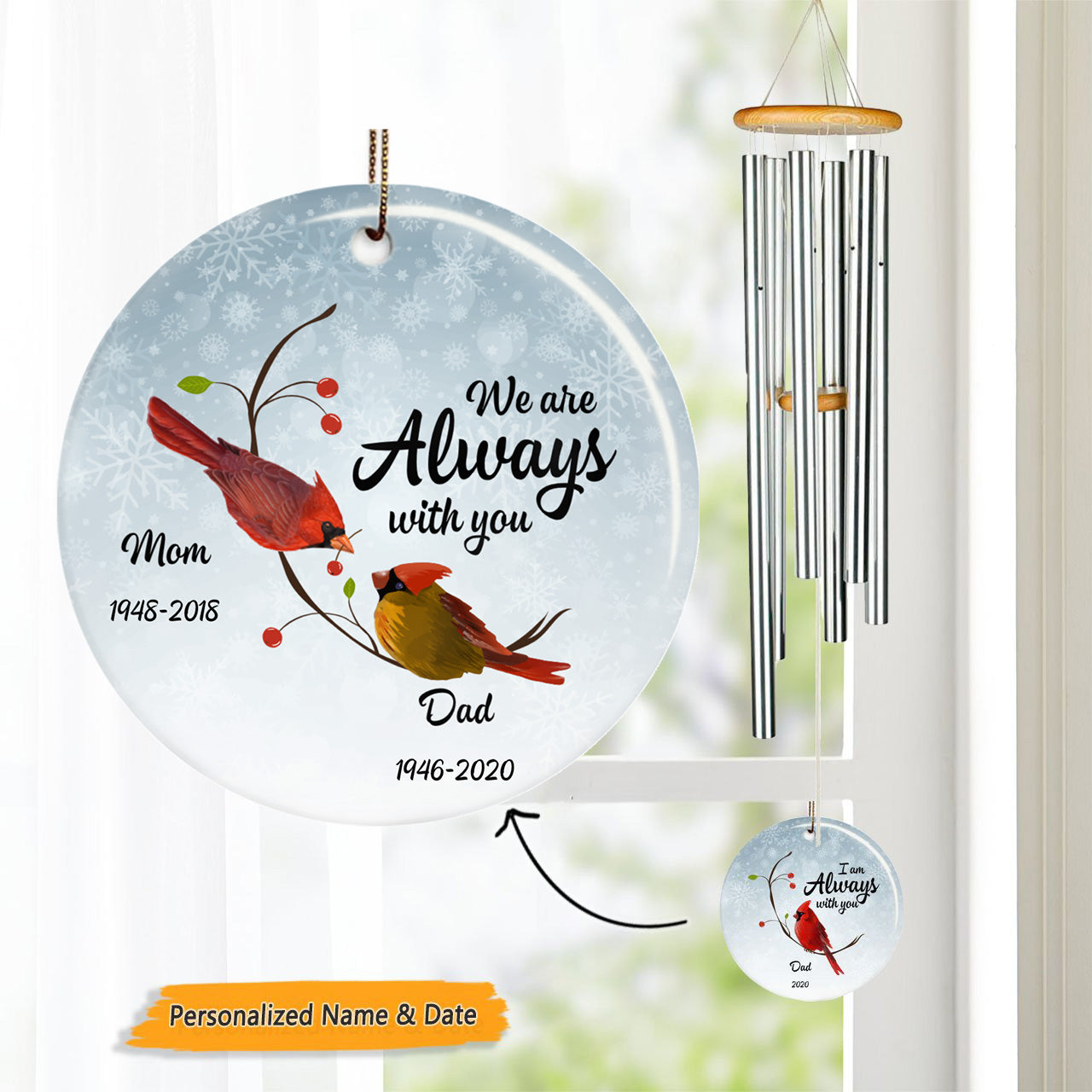 Cardinal Always With You Personalized Memorial Circle Wind Chime