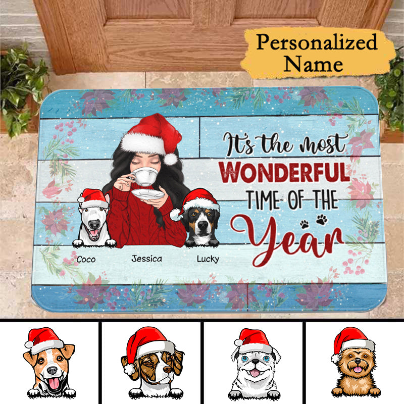 Coffee Girl And Dogs Personalized Christmas Personalized Doormat