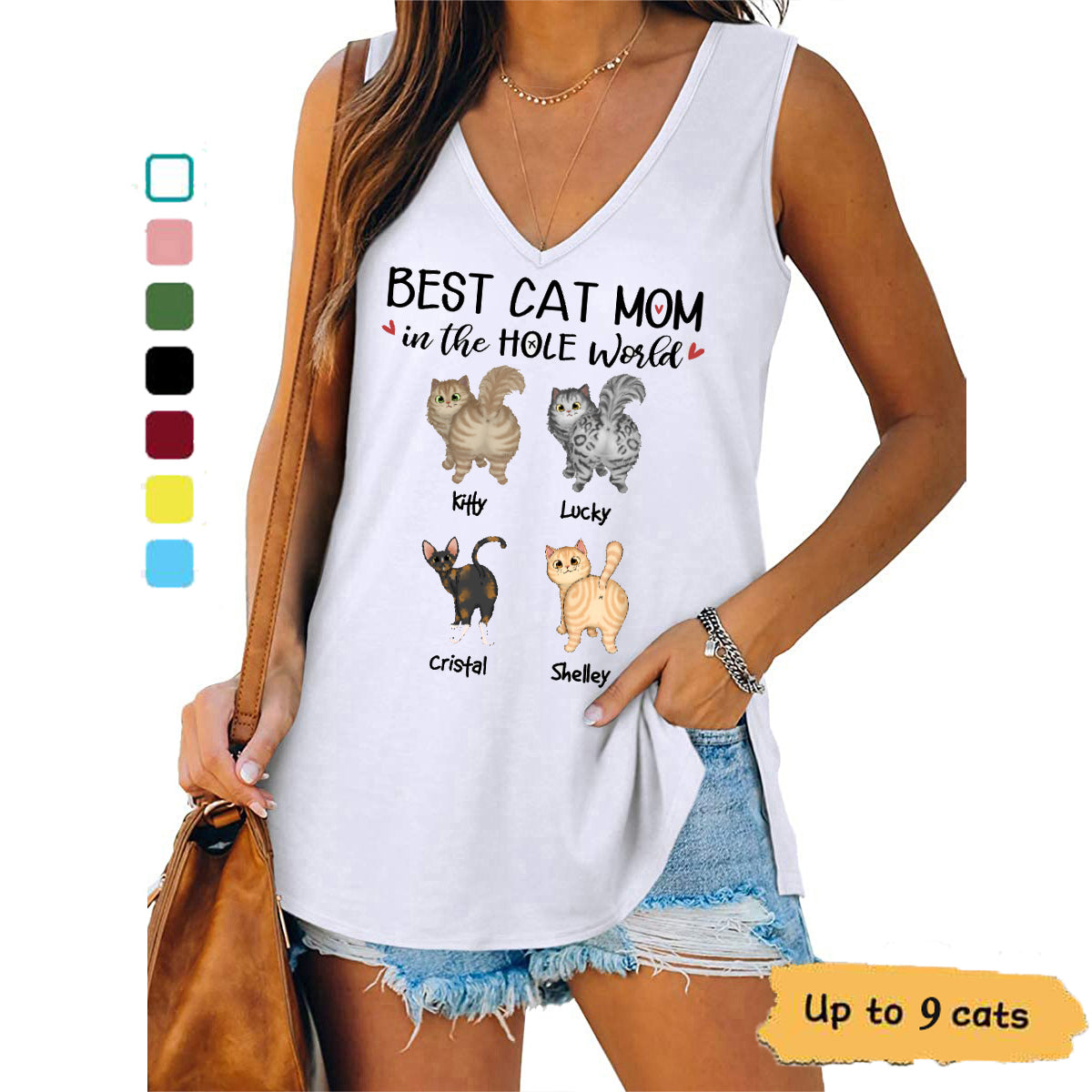 Fluffy Cat Butt Best Cat Dad Mom Personalized Women Tank Top V Neck Casual Flowy Sleeveless