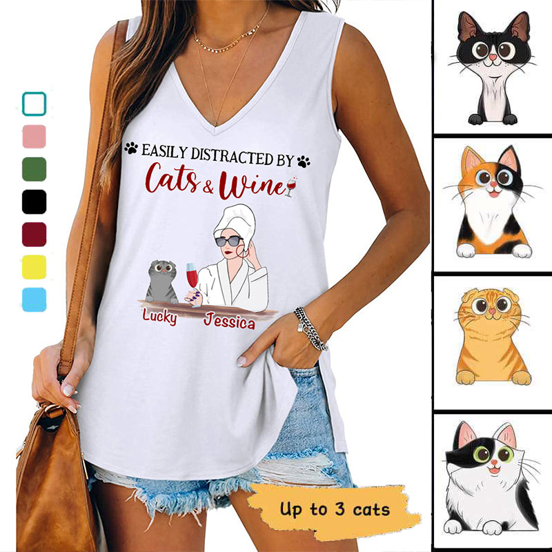 Easily Distracted By Cats and Wine Cartoon Personalized Women Tank Top V Neck Casual Flowy Sleeveless