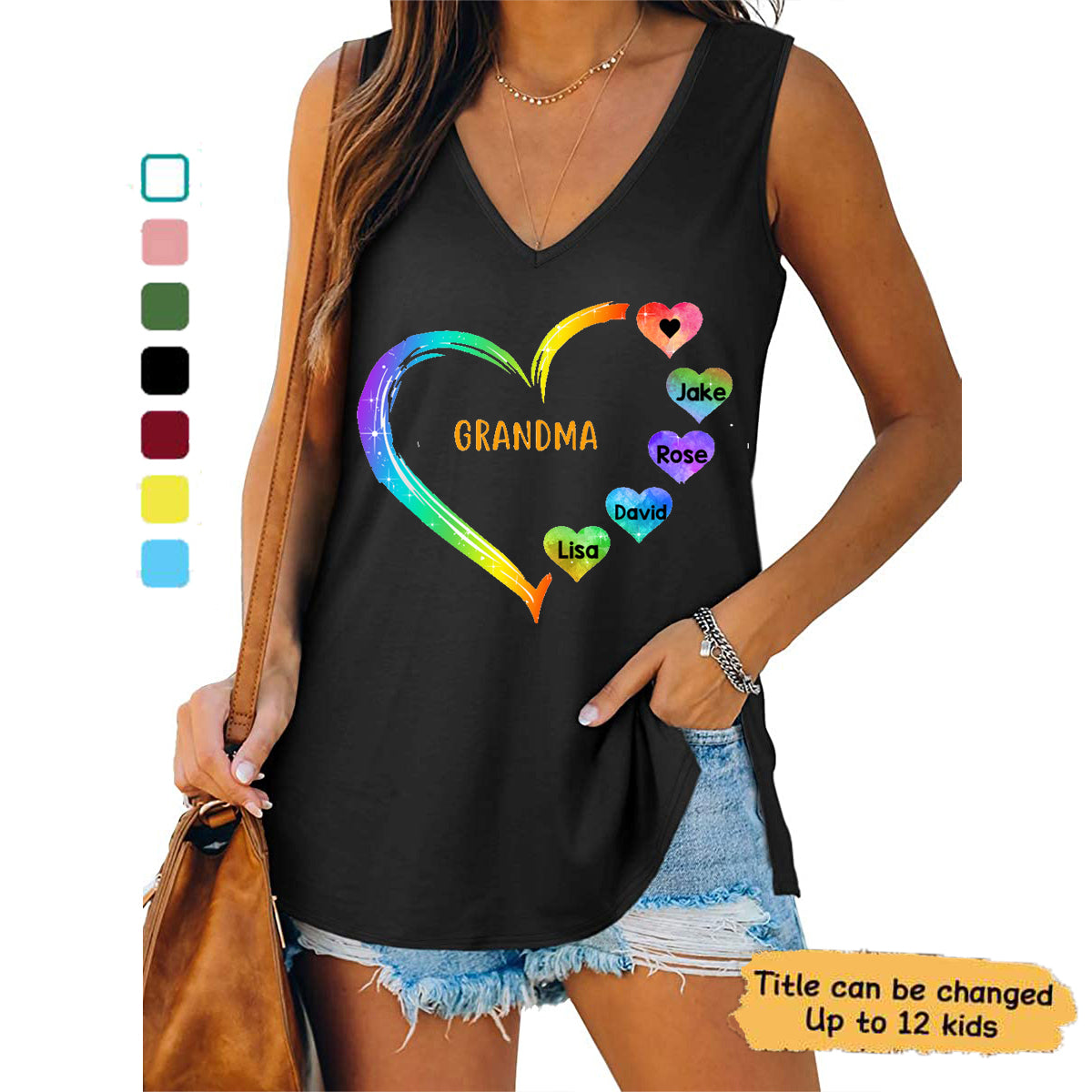 Heart Mom Grandma Personalized Women Tank Top V Neck Casual Flowy Sleeveless