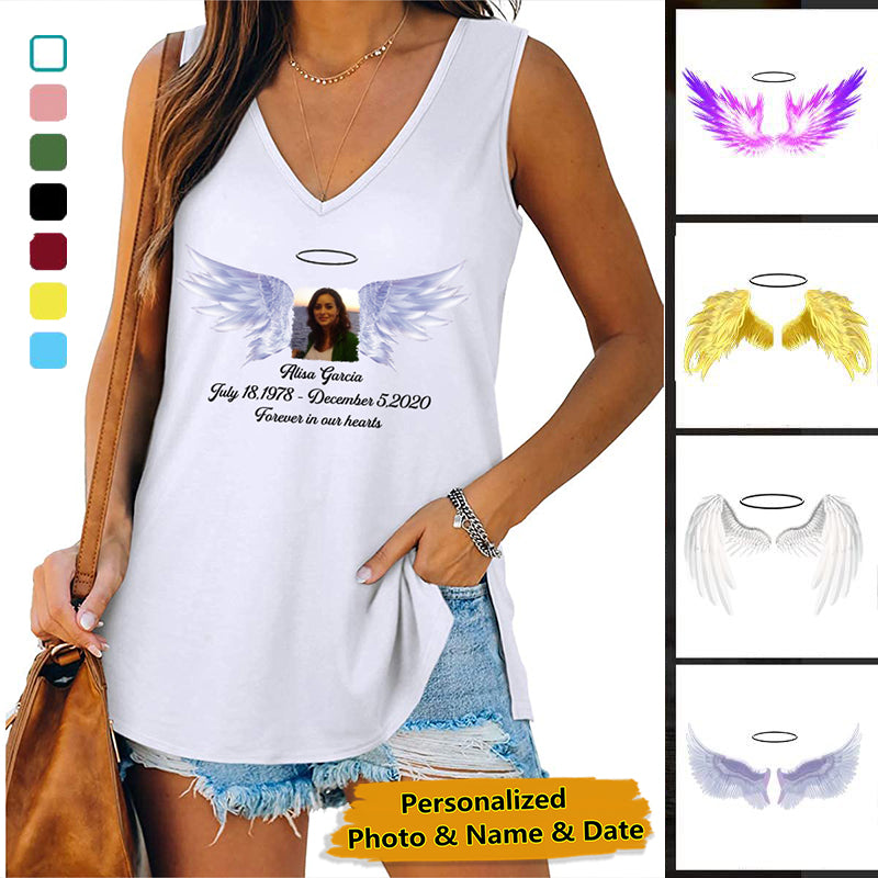 Memorial Women Tank Top V Neck Casual Flowy Sleeveless Personalized Photo and Name