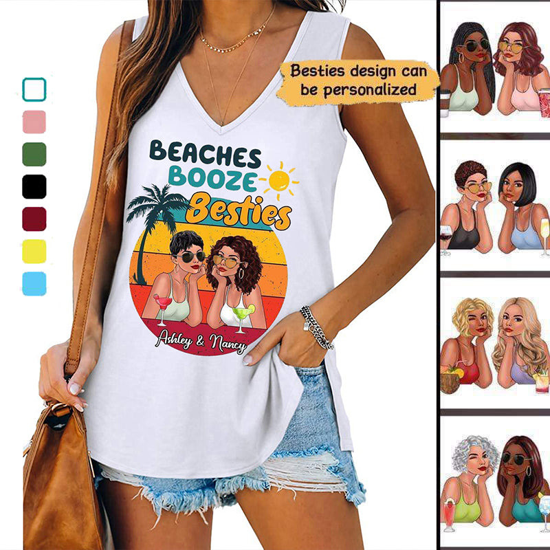 Beaches Booze Summer Fashion Besties Personalized Women Tank Top V Neck Casual Flowy Sleeveless