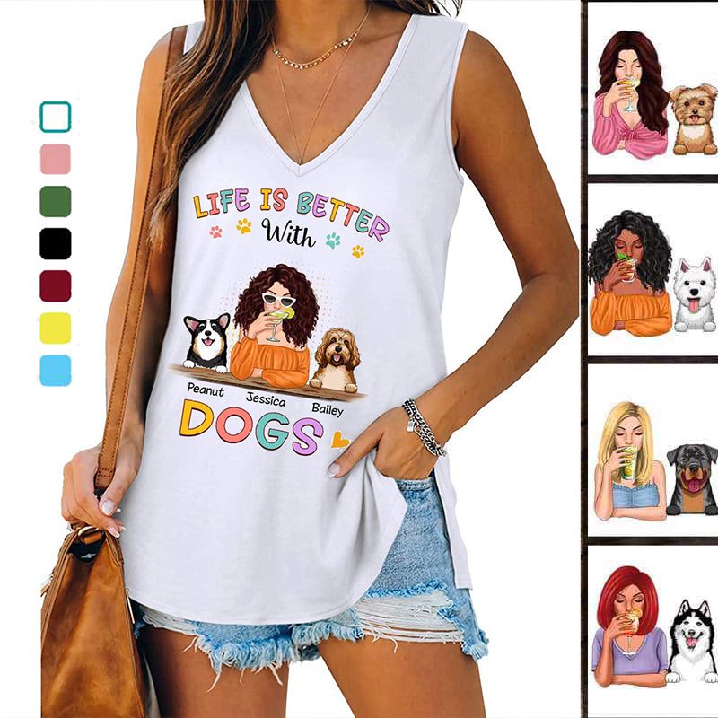 Colorful Better With Dogs Cocktail Girl Personalized Women Tank Top V Neck Casual Flowy Sleeveless