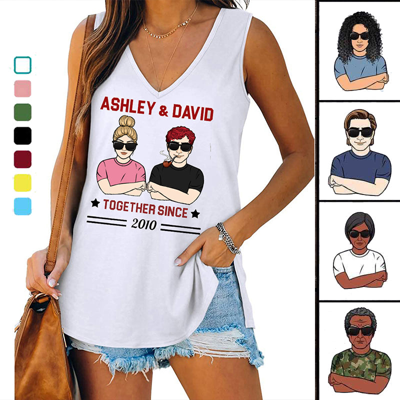 Front View Couple Together Since Personalized Women Tank Top V Neck Casual Flowy Sleeveless