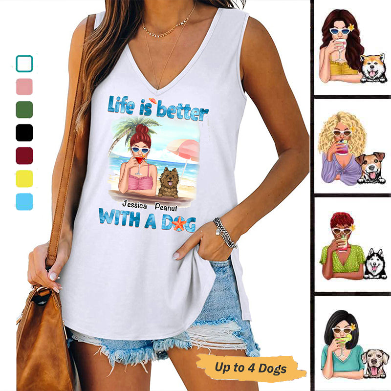 Better With Dogs Summer Pattern Personalized Women Tank Top V Neck Casual Flowy Sleeveless