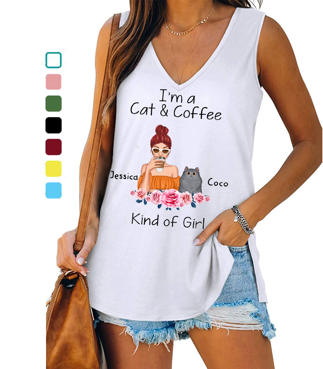 Cat And Coffee Kind Of Girl Personalized Women Tank Top V Neck Casual Flowy Sleeveless