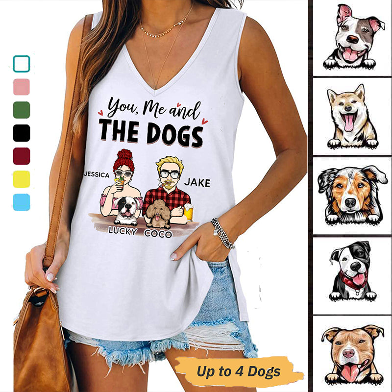 You Me And The Dog Front View Couple Personalized Women Tank Top V Neck Casual Flowy Sleeveless