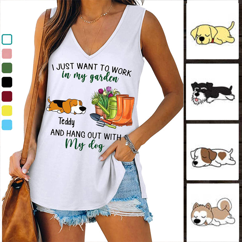 Gardening And Sleeping Dogs Personalized Women Tank Top V Neck Casual Flowy Sleeveless