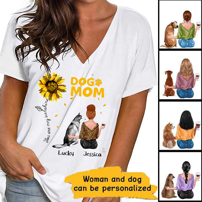 Dog Mom Sunflower Leopard Personalized Womens Short Sleeve Tops V Neck Casual Flowy