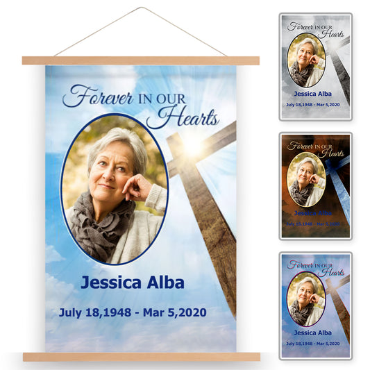 Forever in our Hearts Cross Personalized Photo Memorial Scroll Painting With Wooden Poster Hanger