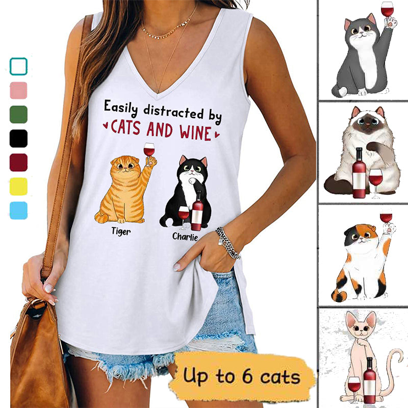 Easily Distracted By Fluffy Cats And Wine Personalized Tank Top
