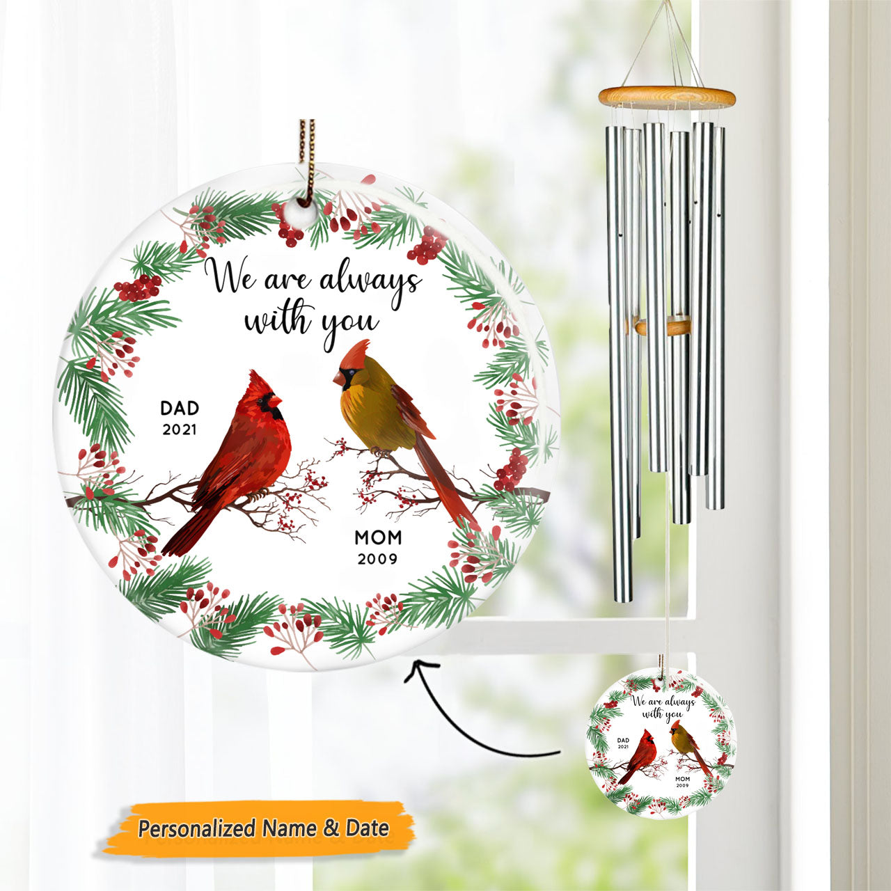 Always With You Holly Branch Christmas Personalized Memorial Circle Wind Chime