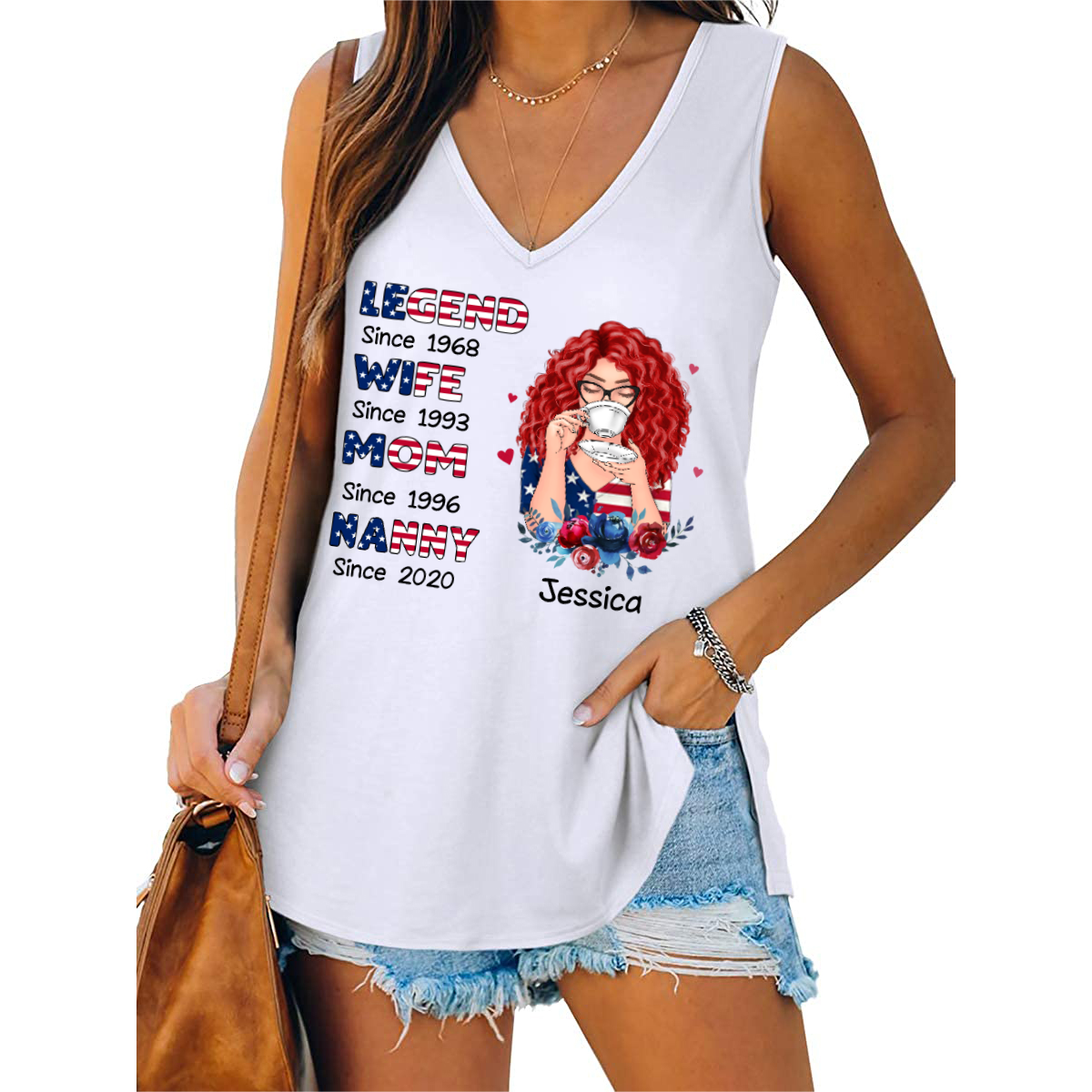 Beautiful Grandma Legend 4th Of July Independence Day Personalized Women Tank Top V Neck Casual Flowy Sleeveless