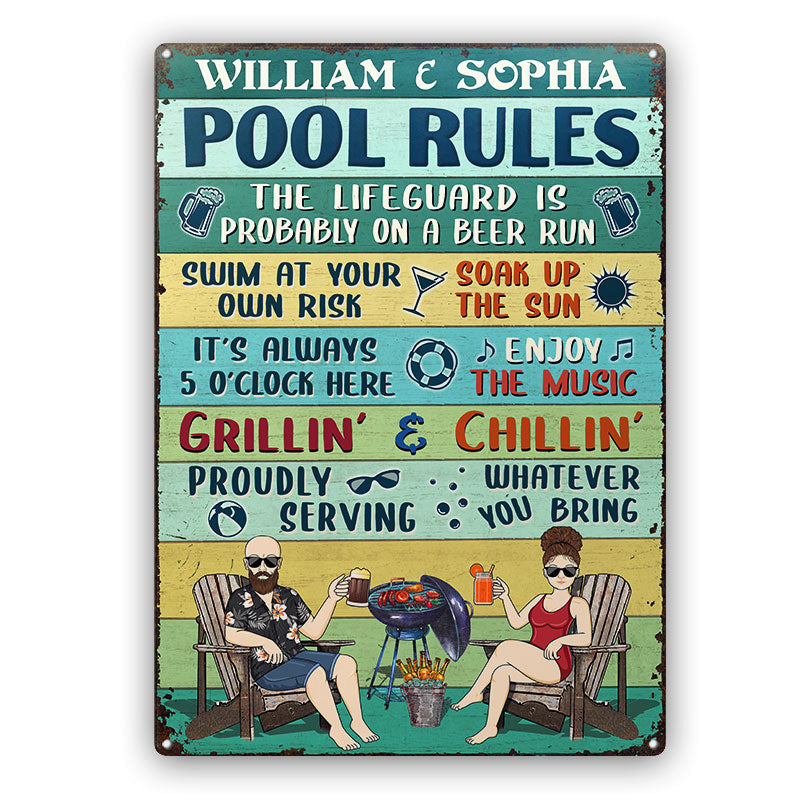 Pool Rules Swim At Your Own Risk Grilling Couple Husband Wife Vintage - Backyard Sign - Personalized Custom Classic Metal Signs