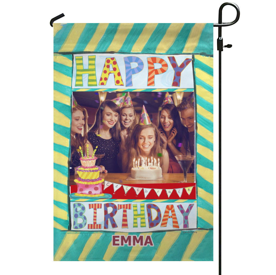 Festive Happy Birthday – Personalized Photo & Name Garden Flag