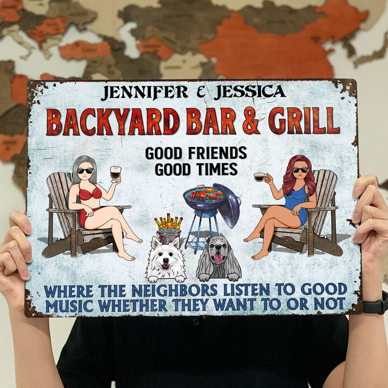 Poolside Grilling Listen To The Good Music Couple Husband Wife Dog Lovers - Backyard Sign - Personalized Custom Classic Metal Signs